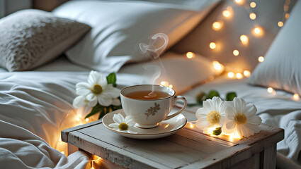  Serene Morning Tea in Cozy Bedroom, General AI