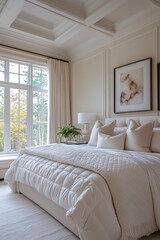 Contemporary luxe bedroom interior features elegant decor, large window, chic bedding, stylish lamp. Concept: harmonious blend of contemporary luxe bedroom interior design and decor.