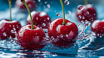 Vibrant Close-Up of Fresh Red Cherries Splashing in Water &ndash; Refreshing and Juicy Summer Fruit, General AI