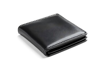 Closed black leather wallet isolated on white.
