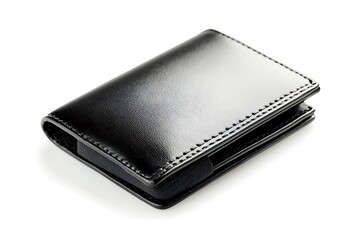 Closed black leather card holder on white.