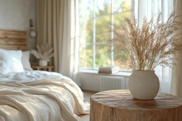 Wooden table in cozy minimalist bedroom with natural light and wooden furniture