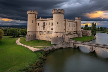 A dramatic view of storm clouds rolling over the Palais des Papes, with golden light breaking through the dark sky