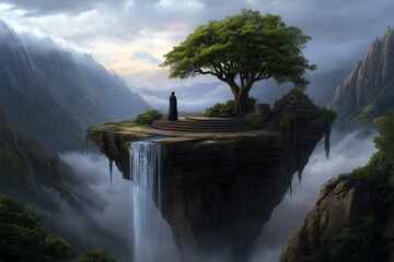 A dreamlike floating island with a waterfall cascading into the clouds, surrounded by vibrant mystical creatures