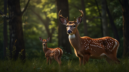 Two Deers in a Lush Forest, Morning Light