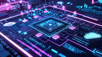 Fototapeta premium background 3d Abstract Digital Circuit Board with Glowing Components