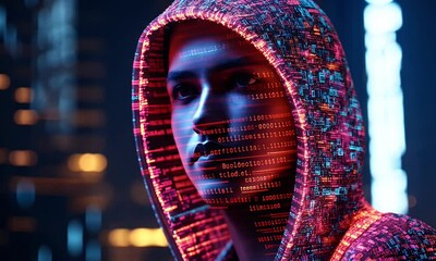 Futuristic figure with digital overlay, against a blurred cityscape backdrop - Powered by Adobe