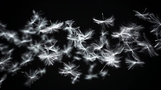White dandelion seeds float through the air against a deep black background, emphasizing their delicate and weightless motion. Concept of freedom and transformation

