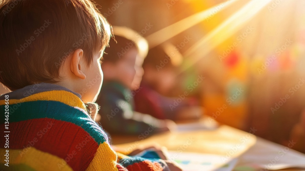 Poster kids are focused on their artistic projects as soft sunlight streams through the windows, creating a