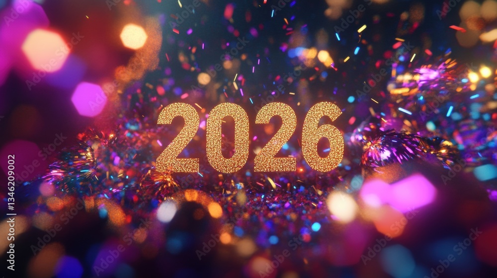 Poster glimmering numbers reflect excitement for the year 2026 surrounded by vibrant sparkles and dynamic c