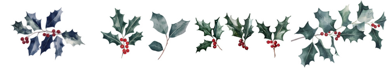 Fototapeta premium A holly branch, illustrated in watercolor by hand, sits on a white background, emphasizing christmas plants