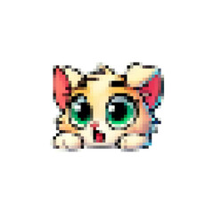 Obraz premium Pixel images of kittens. Playful kittens. Animals in hats. Retro pictures of cheerful emotions.