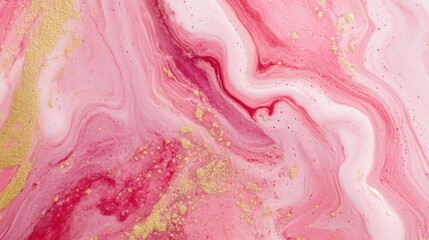 Swirls of pink paint blend with gold accents, showcasing a vibrant abstract design created using fluid art techniques