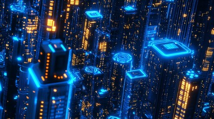 Obraz premium Futuristic city glowing at night, digital data streams, abstract background, tech concept
