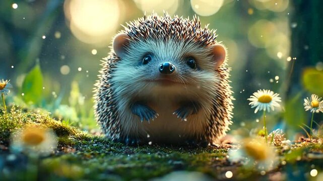 A heartwarming encounter with a charming hedgehog amidst a sun-drenched meadow of blossoming daisies