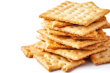 Stack of crispy, golden crackers isolated on white.