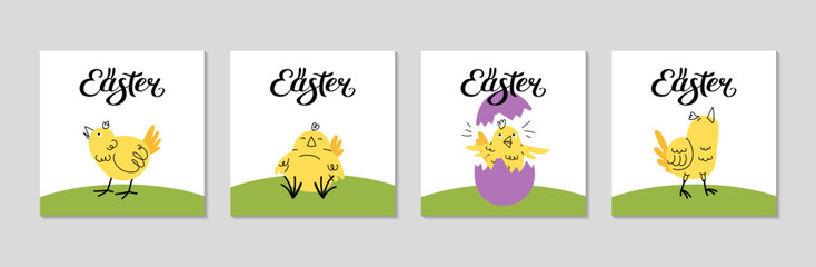 Easter Greeting Card Set. Yellow baby bird in various poses, sleeping, Singing, in an eggshell. Square spring posters for social media, invitation, decorations in room. Vector illustration.
