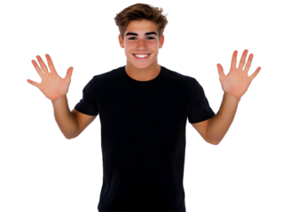Realistic Portrait of a Smiling Teenager with Arms Raised on Transparent Background Showing Open Palms Young Cheerful Male Person in Casual Black Shirt Isolated in Studio Shot