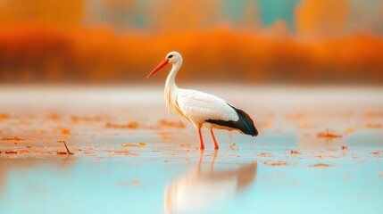 A stork wades in shallow water, surrounded by vibrant autumn foliage and soft reflections at sunset, showcasing nature's beauty © tashechka
