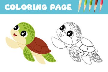 Funny turtle drawn contour lines. Kids colouring page of cute sea turtle. Educational game for children. Flat illustration marine animal on white background.