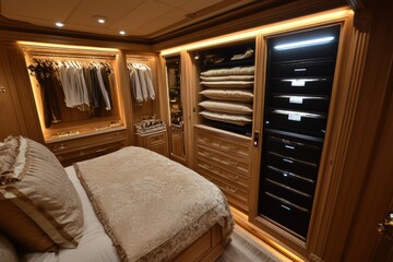 Luxurious bedroom with built-in wardrobe and storage.  Elegant design and ample space.