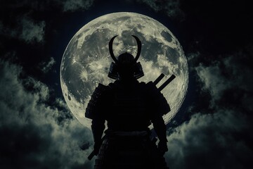 Fototapeta premium Samurai Under the Full Moon: A Nighttime Silhouette