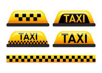 Taxi icons. Set taxi car roof sign. Yellow signs of transport elements. 3d illustration on white background. © miss LEMON
