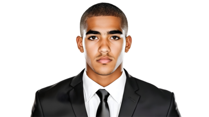 Realistic Portrait of Young Businessman in Black Suit and Tie Standing Confidently on Transparent Background Perfect for Corporate and Professional Design Needs