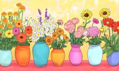 Colorful cartoon and comic strips of flower arrangements in vases, Generative AI