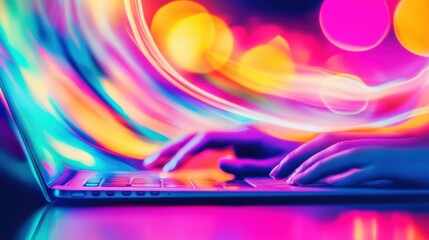 Colorful light trails dance around hands typing on a laptop, creating an energetic and modern workspace atmosphere at night