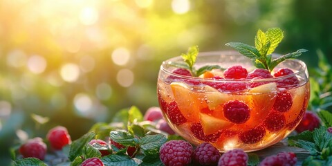 vibrant and refreshing fruit punch, garnished with mint leaves in a clear glass bowl for food blogs,recipe websites, health and wellness blogs,party planning websites,and social media posts about heal