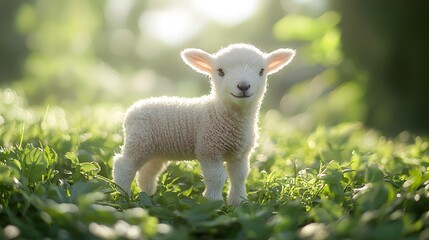 Newborn lamb standing in a lush green pasture