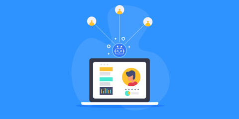 AI CRM technology, artificial intelligence robot collects and analyse customer data, improve personalised relation and increase business revenue concept.