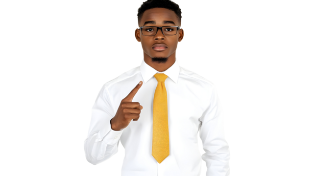 Serious Transparent Background Young African American Man in Business Attire Pointing Finger Isolated Man Showing Cautioning Suggesting and Advising in a Studio with White Shirt and Tie