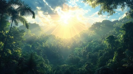 Lush tropical rainforest at sunset