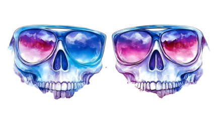 Skull Watercolor Illustration with Sunglasses in Blue and Pink Tones on Transparent Background Artistic Design Featuring Death Head and Skeleton
