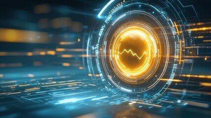 A futuristic digital design featuring a glowing orange circle with a graph, surrounded by blue lines and circuits, representing technology and data visualization.