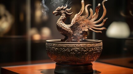 Intricate bronze phoenix incense burner with swirling smoke.