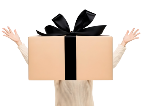 Stock Photo Woman Presenting Wrapped Gift Box With Elegant Black Ribbon In Transparent Background For Holiday Birthday Surprise Occasion - Powered by Adobe