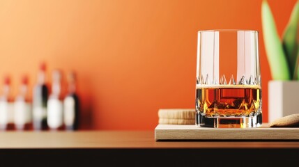 A glass of whiskey rests on a wooden coaster, showcasing rich amber tones against a vibrant orange background in a contemporary bar atmosphere