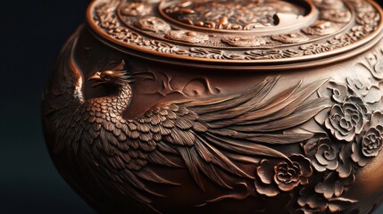 Intricate copper teapot with phoenix carving.