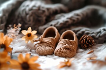 Charming baby shower details closeup of adorable tiny booties on a soft blanket surrounded by flowers and nature elements captured in a warm cozy setting