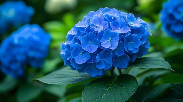 Vibrant blue hydrangea flowers in bloom