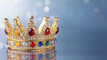 A sparkling golden crown adorned with colorful gemstones, reflecting light against a soft, blurred background.