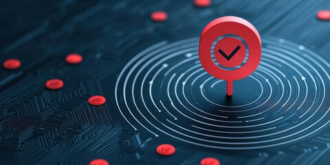 Strategic planning goals optimization concept. Digital checkmark icon on a tech background with concentric circles.