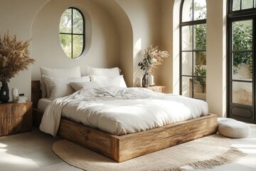 Cozy Bedroom with Wooden Accents and Large Windows