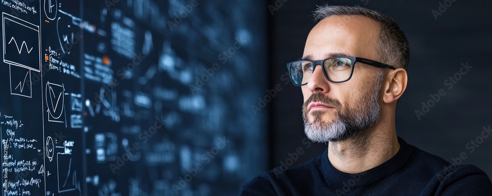 Poster strategic planning goals optimization concept. focused man analyzing data on a digital screen in a d