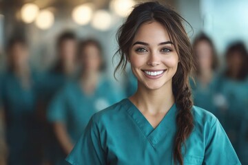 Obraz premium Portrait of a smiling nurse in teal scrubs with medical team in hospital environment