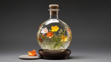 A clear glass bottle, filled with a light-colored liquid and small,