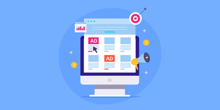 Native advertising display on website content, higher interaction rate and target right audience with browser data history monitoring concept. E-business paid media advertising.